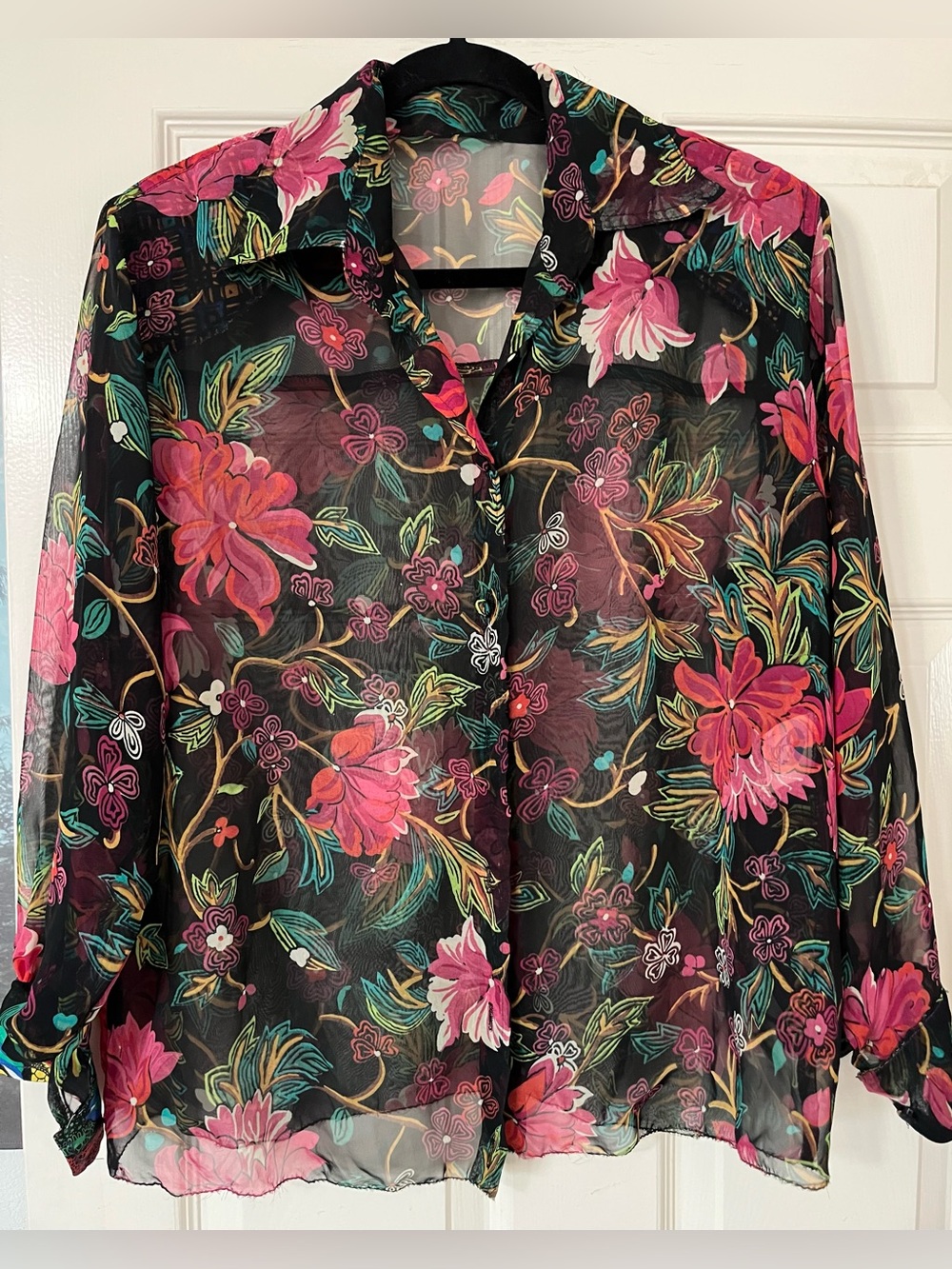 Rare VTG Betsey Johnson Punk Label Sheer Black Floral Chiffon Blouse